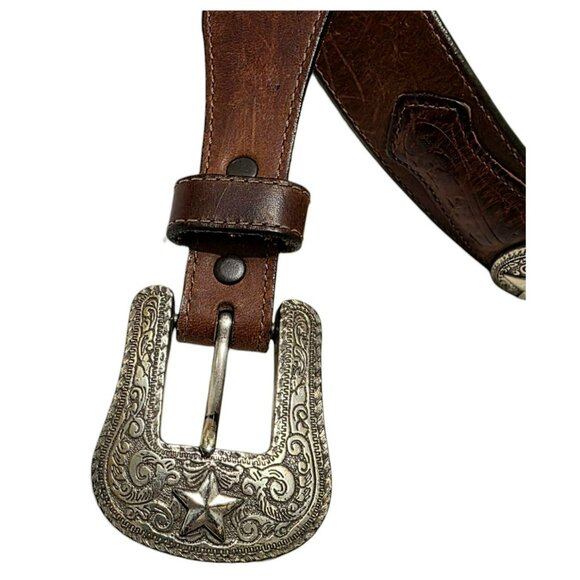 1993 Justin Leather Belt Western Star Metal Buckle Conchos Cowboy Brown W 38